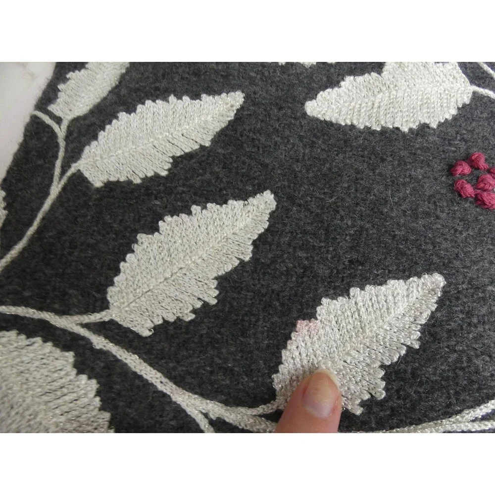 Nicole Miller Home Wool Blend Table Runner Grey Leaf Berry Embroidered 69